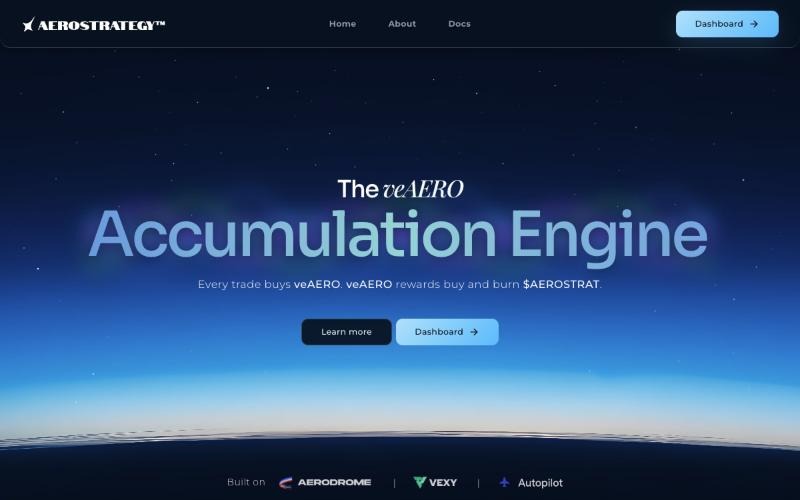 AeroStrategy home page: "The veAERO Accumulation Engine" over a night sky above the horizon.