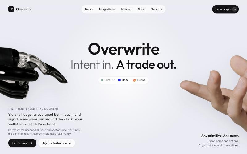 Overwrite home page: a robotic hand and a human hand reaching toward the headline "Intent in. A trade out."